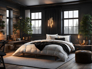 luxury room with bed ,Neutral Tones and Natural Textures: Scandinavian Farmhouse Style