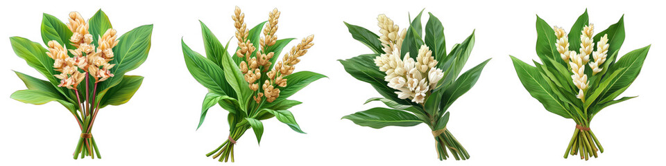 A Bunch Of Fresh Fragrant lesser Alpinia officinarum Hyperrealistic Highly Detailed Isolated On Transparent Background Png File White Background Photo Realistic Image - obrazy, fototapety, plakaty