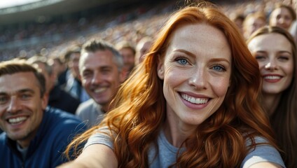 Smiling ginger woman with a stadium audience in the background, engaging camera with a joyful expression, outdoor event.