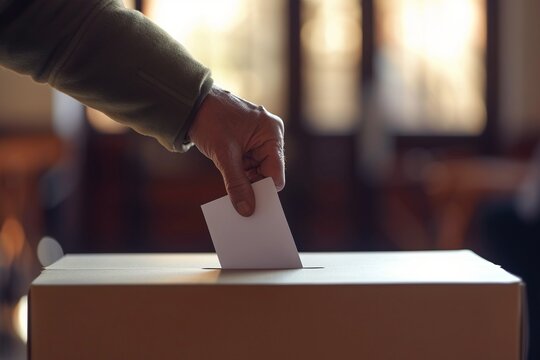 Hand is depicted inserting a ballot into a voting box