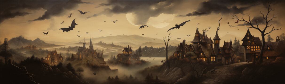 Halloween village hazy morning scenery landscape. 
Beautiful dark blue panorama with moon, fog, bats and cloudy sky, group of huts.