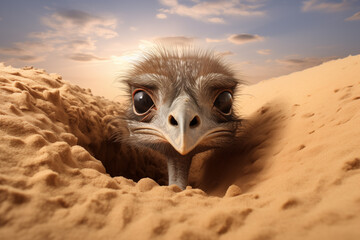 One displeased ostrich head peek out from sand pit. Hiding ostrich funny conception. Sunny desert as background. - obrazy, fototapety, plakaty