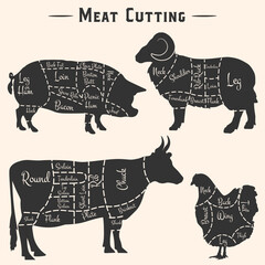Chunks of meat - chicken, pork, beef and lamb. Vector silhouettes of animal cutting - obrazy, fototapety, plakaty