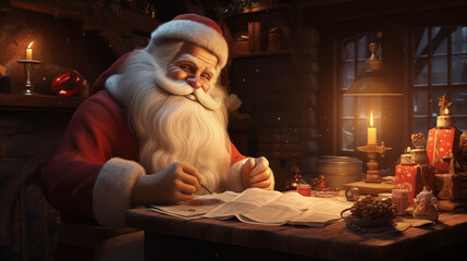 Santa Claus writes a letter sitting at the table. Old man with white beard and hair wearing red clothing at his home respond to children messages.