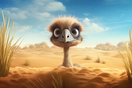 One curious ostrich head peek out from sand pit. Hiding ostrich funny conception. Sunny desert as background.