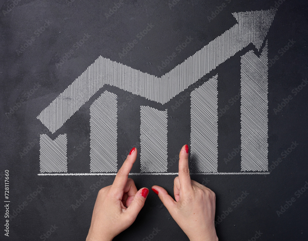 Poster white chalk drawn graph columns and up arrow, indicator growth concept