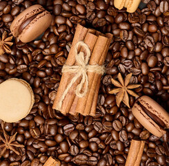 Roasted coffee beans, cinnamon sticks and star anise