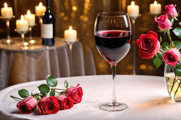 Valentines Day Dinner Concept, a Glass of wine with roses for romantic atmosphere at valentine&rsquo;s day dinner, romance, romantic, candlelight, love, valentine