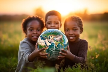 Group of african children holding planet earth - obrazy, fototapety, plakaty