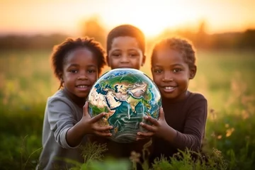 Zelfklevend Fotobehang Group of african children holding planet earth © Pelayo