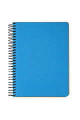 Closed spiral bound notepad with blue cover isolated on white, transparent background, PNG. Top view, copy space for text, template, mockup.