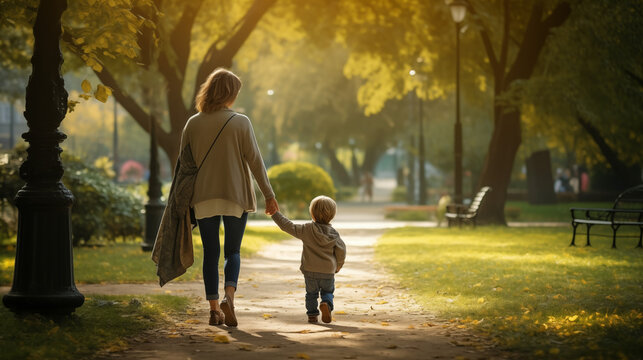 Mãe e filho andando no parque