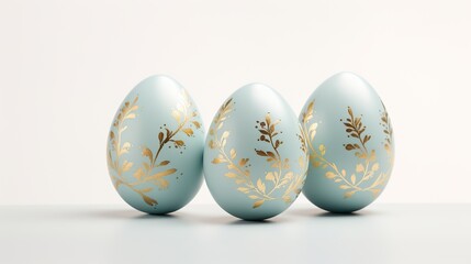 Gold and Robin blue Easter egg decorations with spring flowers, Easter background concept