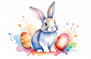 Cute Easter bunny with Easter eggs, on a white background, pastel colors, watercolor style,...