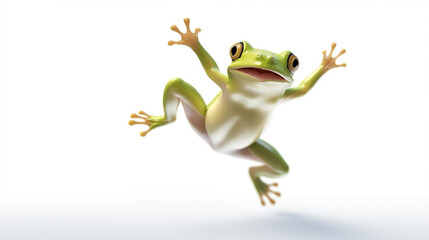 Jumping or falling cute funny frog with spreaded paws isolated on white background.