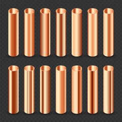 Copper pipes collection. Construction material, pipeline. Industry and engineering. Polished metal texture with silver gradient. Vector illustration
