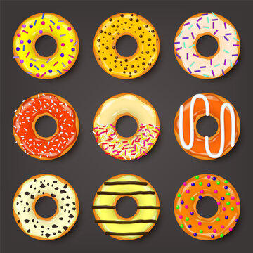 Donut, begel with cream. Cookies,cookie cake set. Sweet dessert with sugar and caramel. Tasty breakfast cooking. Cafateria food, snack. Coffee shop.Vector illustration.