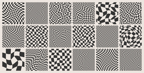 Trendy checkered pattern, black and white distorted tiled grid. Wavy curved backdrop, distortion effect. Funky geometric chessboard texture, retro background in 90s style, y2k. Vector illustration - obrazy, fototapety, plakaty