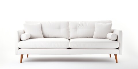 Wooden-legged white fabric sofa isolated on white background with a clipping path, part of a furniture series.