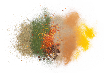 Mixed spice, summer savory, dill, red hot pepper, allspice, ground black pepper, ginger, cinnamon, turmeric powder isolated on white, top view