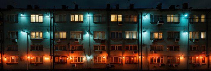 Front view. Facade of Soviet panel house at night. Glowing windows. Red, yellow light. Concept of buying home with mortgage, renting property, rent apartment, real estate agency. Sleeping poor area.	