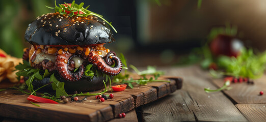 Black bun octopus burger on wooden board. Copy space