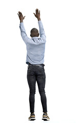 A man, full-length, on a white background, waving his arms