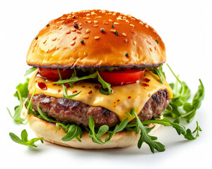 Hamburger with meat, cheese, tomatoes and greens. Classic burger isolate on white