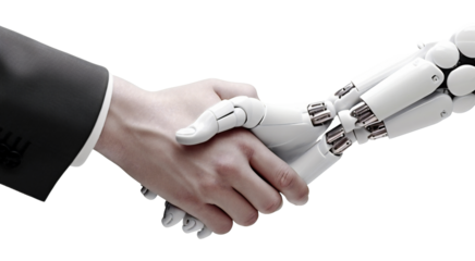 Close up of hands shaking between human and robot