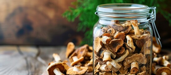 Dried Porcini Mushrooms in a Storage Jar: A Delicious and Convenient Way to Store Dried Porcini Mushrooms in a Resealable Jar for Long-Term Storage - obrazy, fototapety, plakaty