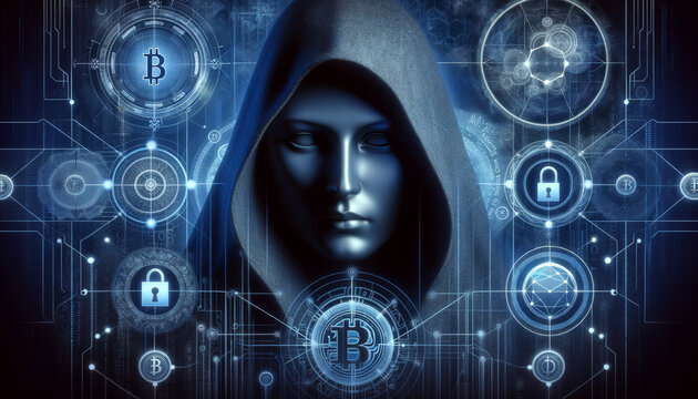 Enigmatic figure Satoshi Nakamoto surrounded by blockchain elements and futuristic interface.