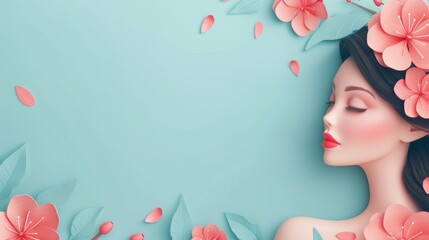 beautiful woman face with flowers on hair. blank copy space. symbolizing 8th march International Women's Day for equal rights. wallpaper background - obrazy, fototapety, plakaty