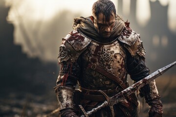 Obraz premium A knight clad in gleaming armor, a symbol of chivalry and valor, standing resolute and ready for noble quests.