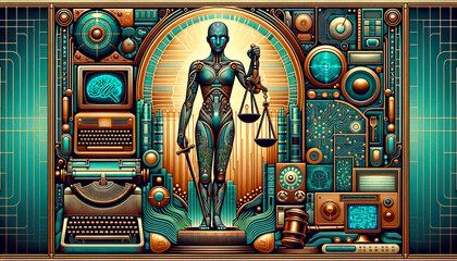 Obraz premium AI Justice: Blending Vintage Law with Futuristic Technology in a Hyper-realistic Image