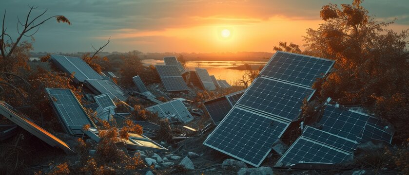 Heap of old solar panels on landfill with a sunset in the background. Environmental degradation and pollution