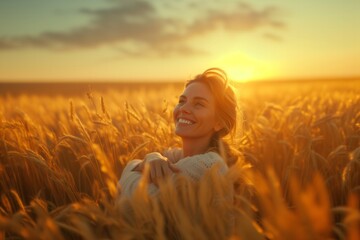 A smiling woman, embracing herself in a sunlit field, warm, empowering, self-love theme