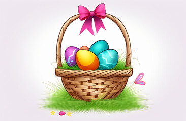 Clipart, Easter basket with colored eggs, on a white background, watercolor style, illustration