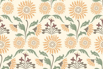 Wallpaper Vintage Floral embroidery patterns seamless ethnic. Sunflower flowers motifs leaves branch. Watercolour brush textured design hand drawn. Vector illustration on white background.