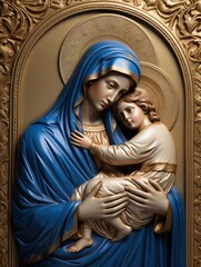 Divine embrace: the sacred icon of the mother of god holding jesus christ in her arms, a timeless depiction of maternal love, spiritual connection, and the profound bond in religious artistry.