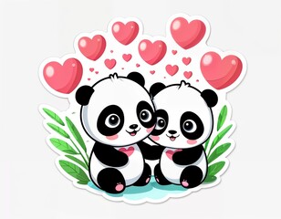 two pandas are sitting side by side, each holding a heart.