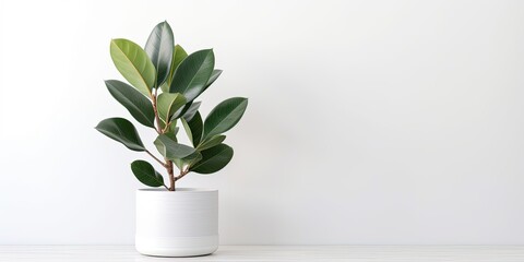 Rubber plant ficus in flower pot on white background. Minimal modern interior design.