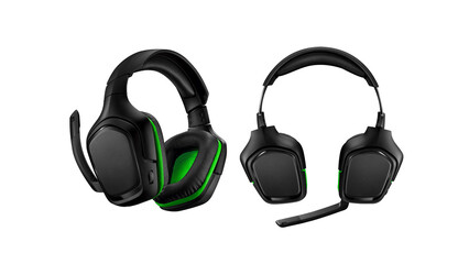 Black and green gaming headsets isolated on white background.