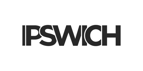 Ipswich city in the United Kingdom design features a geometric style illustration with bold typography in a modern font on white background.