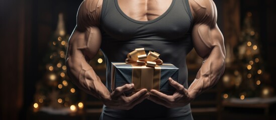 A muscular man holds a gift for a birthday or international women's day gift for a woman on March 8 . Congratulations on your present . - obrazy, fototapety, plakaty