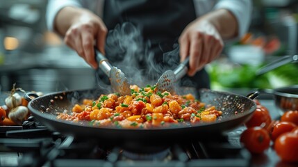 Chef Stirring a Pan of Gnocchi with Tomato Sauce