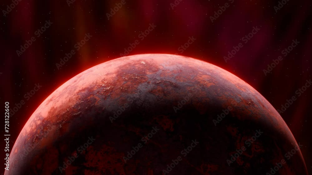 Wall mural alien red planet orbiting in space, surrounded by colorful neabula, planet mars seen from space 4k