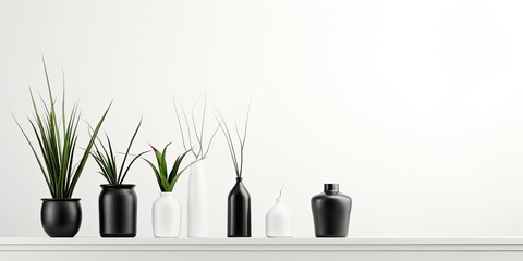 Contemporary monochrome home decor, plants on a shelf. Black shelf against white wall. Banner with space for text.