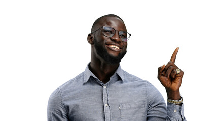 Man, close-up, on a white background, pointing up