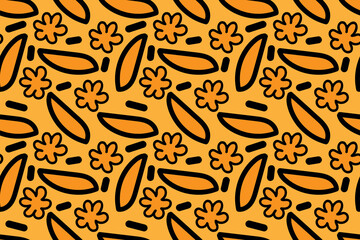 Bright orange cartoon flowers and leaves, botanical, floral. Seamless vector pattern for design and decoration.