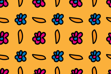 Cute, nice, funny bright and colorful cartoon flowers. Beautiful summer, spring field or garden. Girly. Seamless vector doodle pattern for design and decoration.